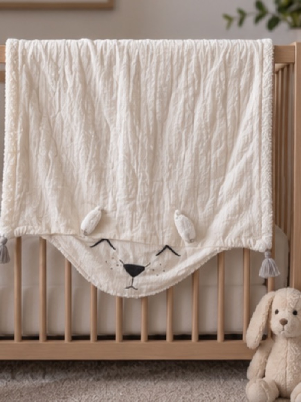 Pottery Barn Kids grey bear linen lovey blanket with a sherpa face and 3D ears.